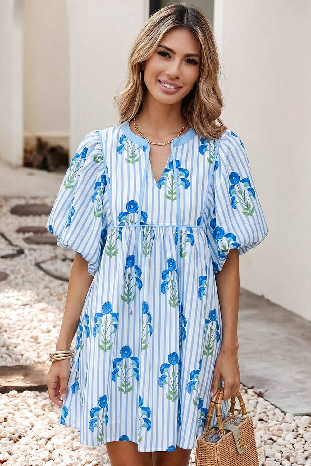 Floral Striped Puff Sleeve Flared Dress