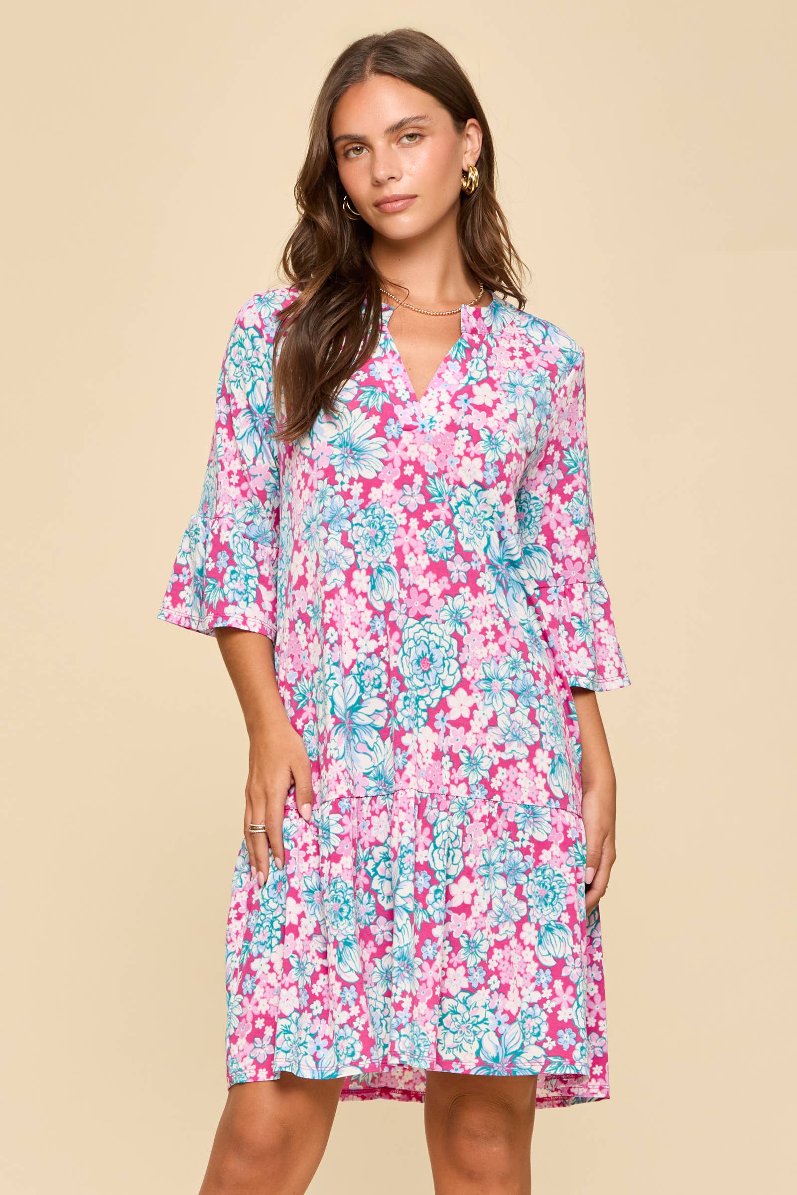 Floral Print Shirred Tiered 3/4 Sleeve Dress