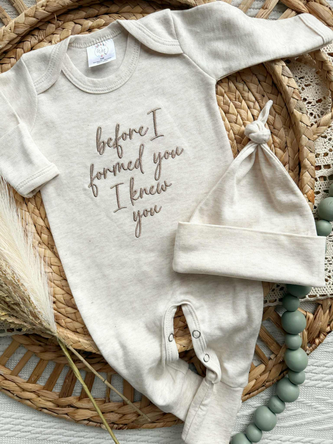 Baby Romper | Before I Formed You - Taupe/Oatmeal script: 0-3 months / Romper only