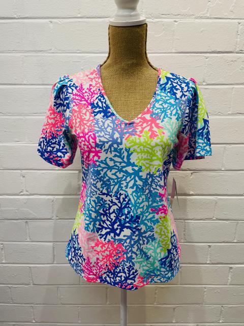 Lulu-B Short Sleeve Multicolored Coral Print Top