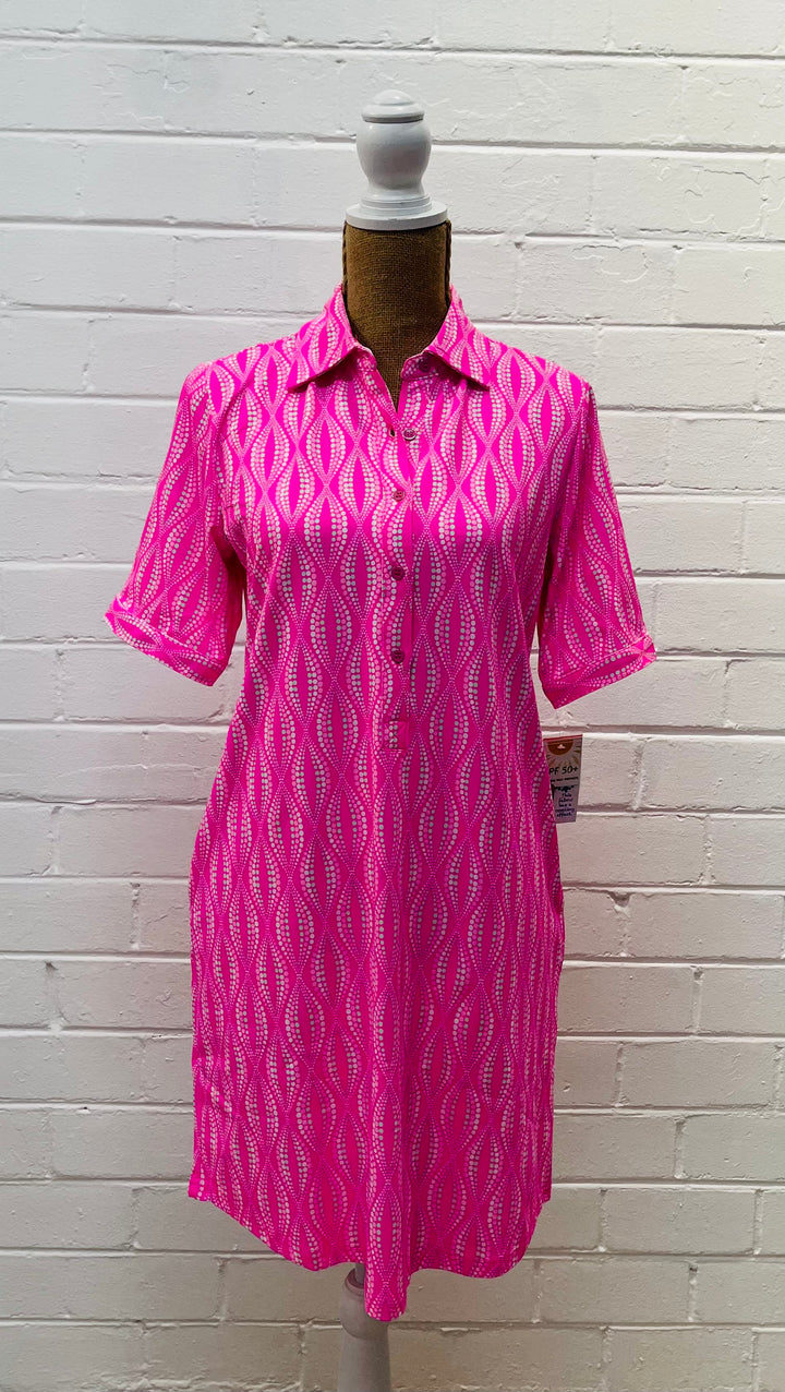 Lulu-B Pink 3/4 Sleeve Button-down Collar Dress