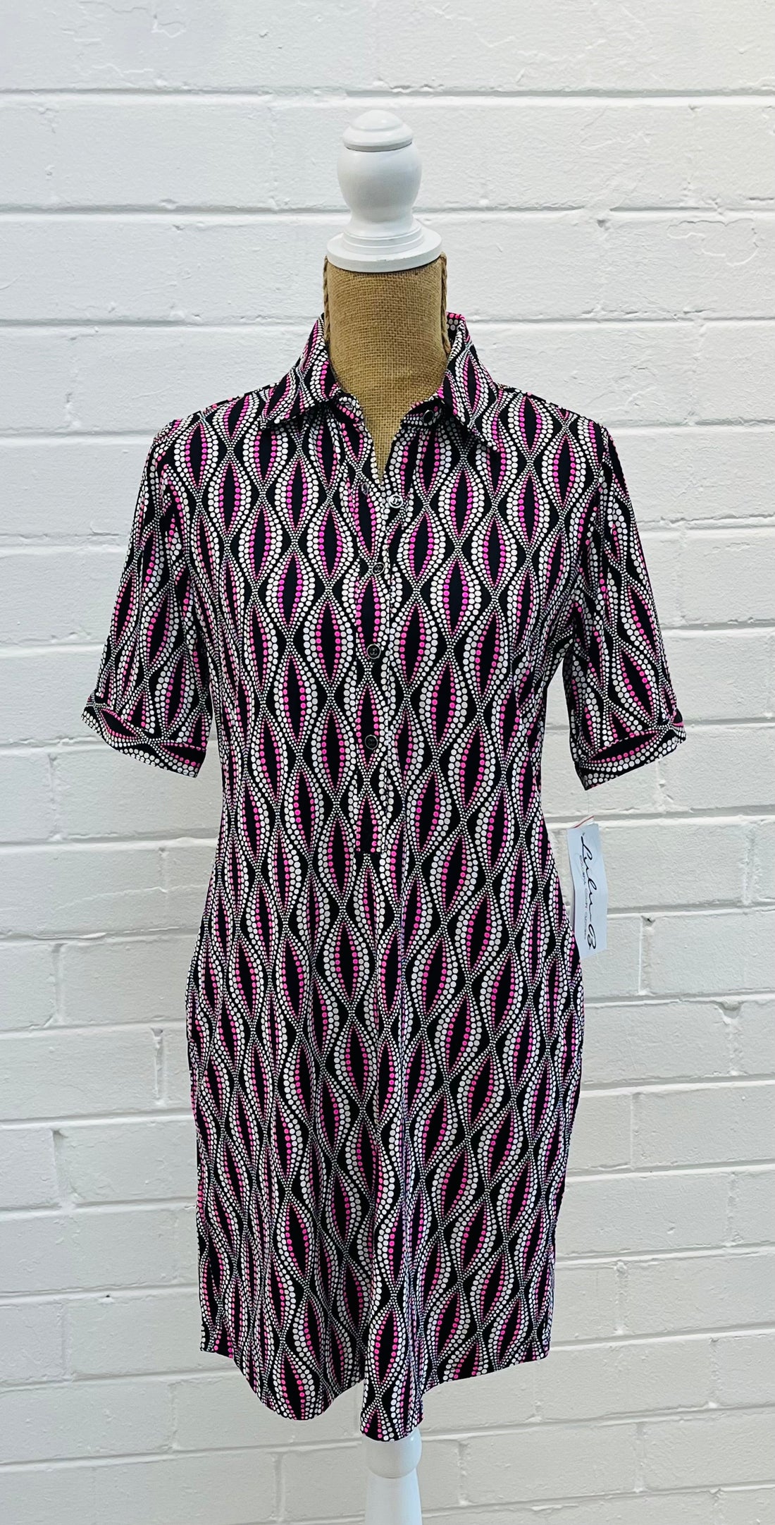 Lulu-B Black and Pink 3/4 Sleeve Button down collar dress