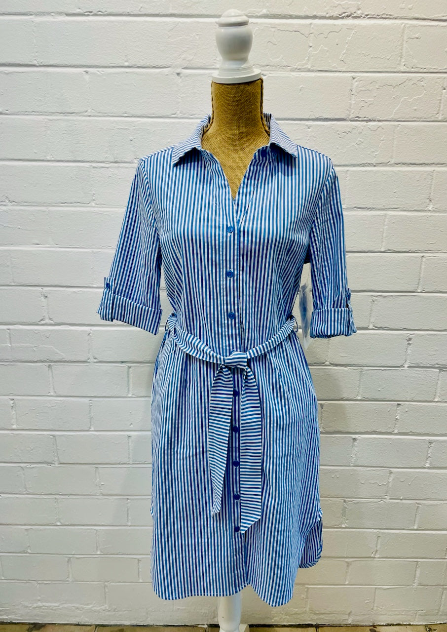 Lulu-B Seersucker Blue & White Stripe, Button Down Dress ¾ Sleeve