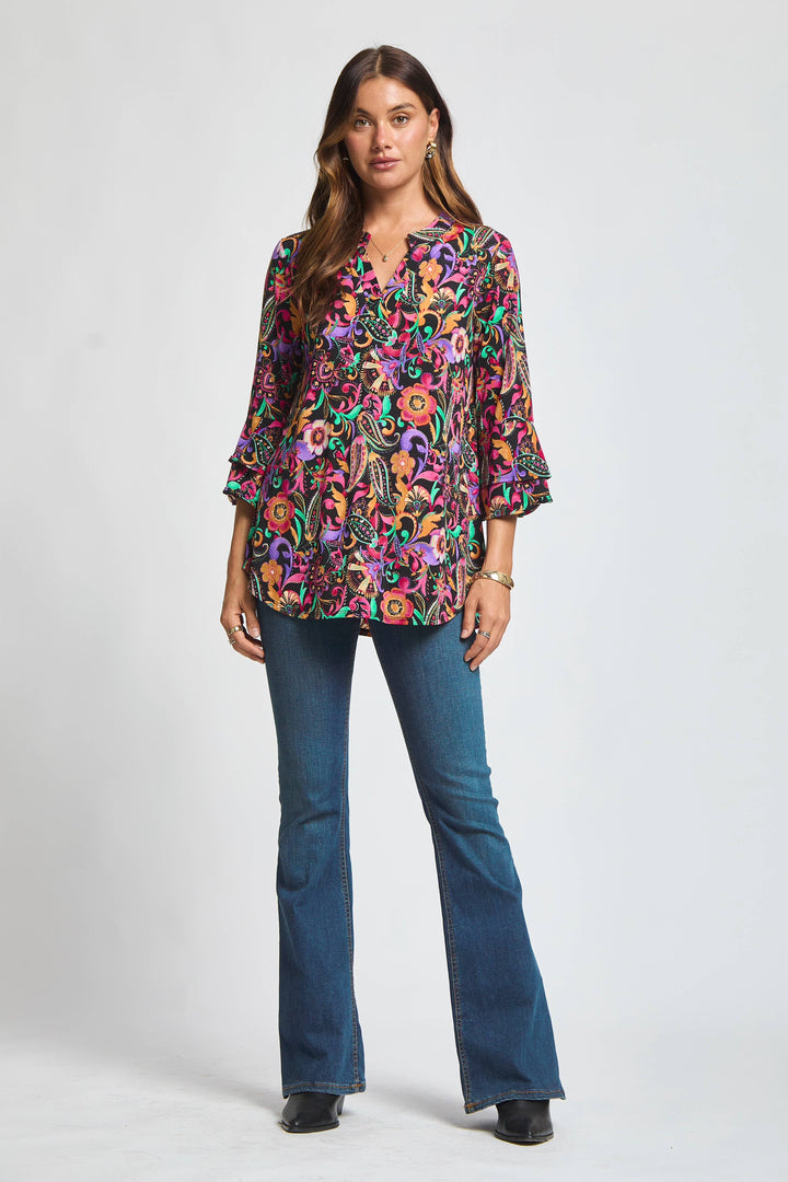 Colorful Bell Sleeved Lizzy Top: Black
