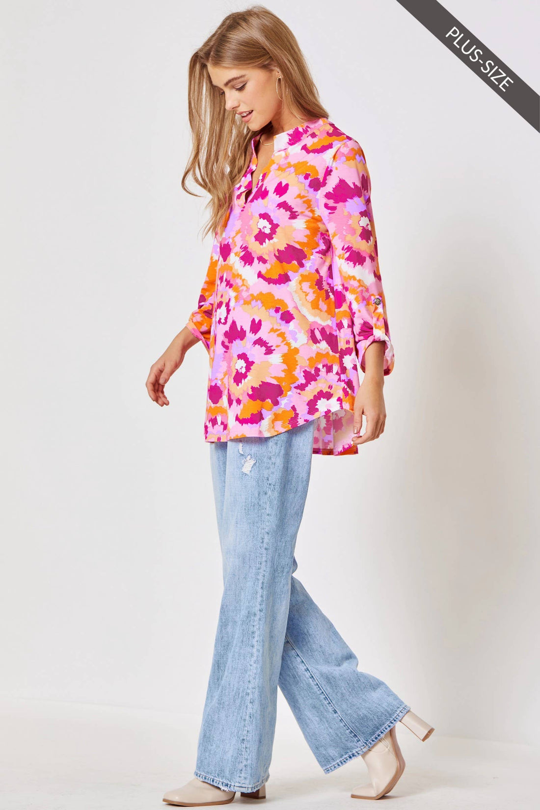 Lizzy 3/4 Floral Wrinkle Free Top: Pink