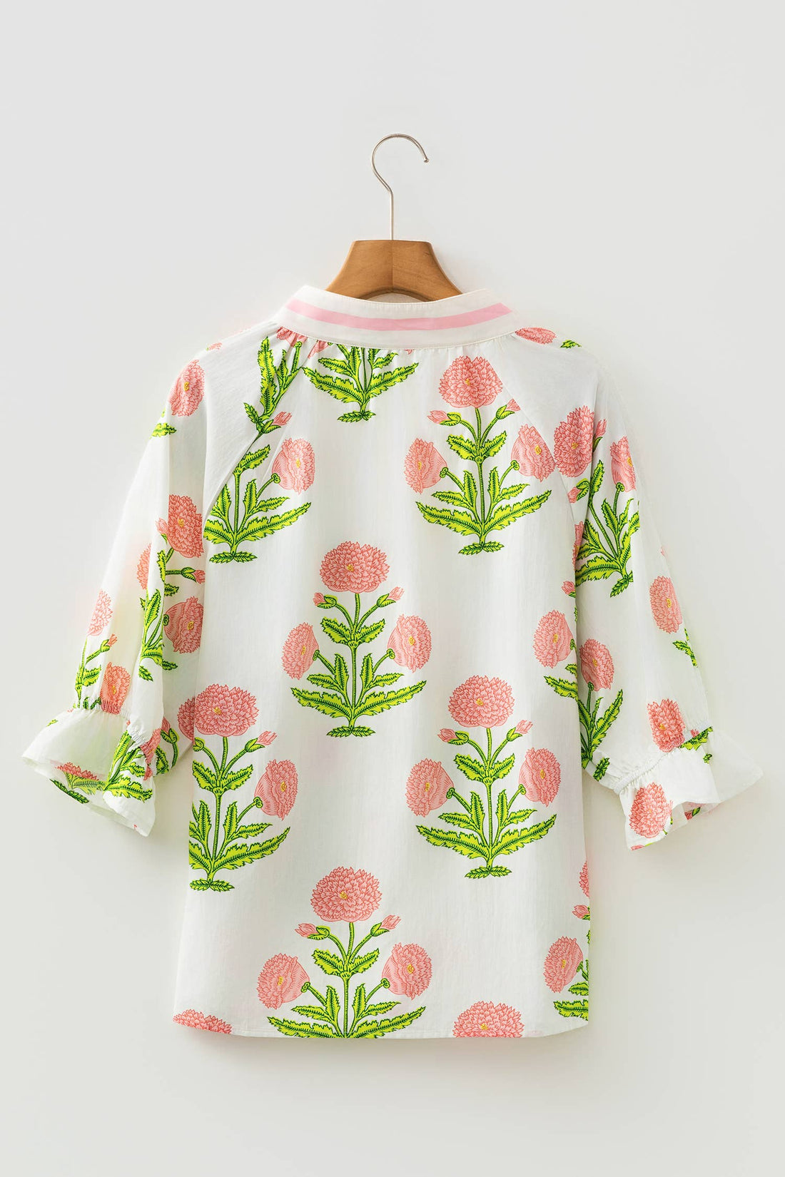 Spring Wild Flower Print V Neck 3/4 Sleeve Blouse, Pink