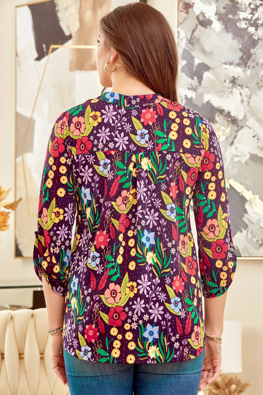 Multicolor 3/4 Sleeve Top LIZZY-V0221: PLUM MULTI