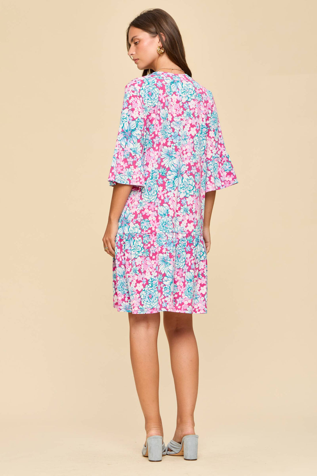 Floral Print Shirred Tiered 3/4 Sleeve Dress