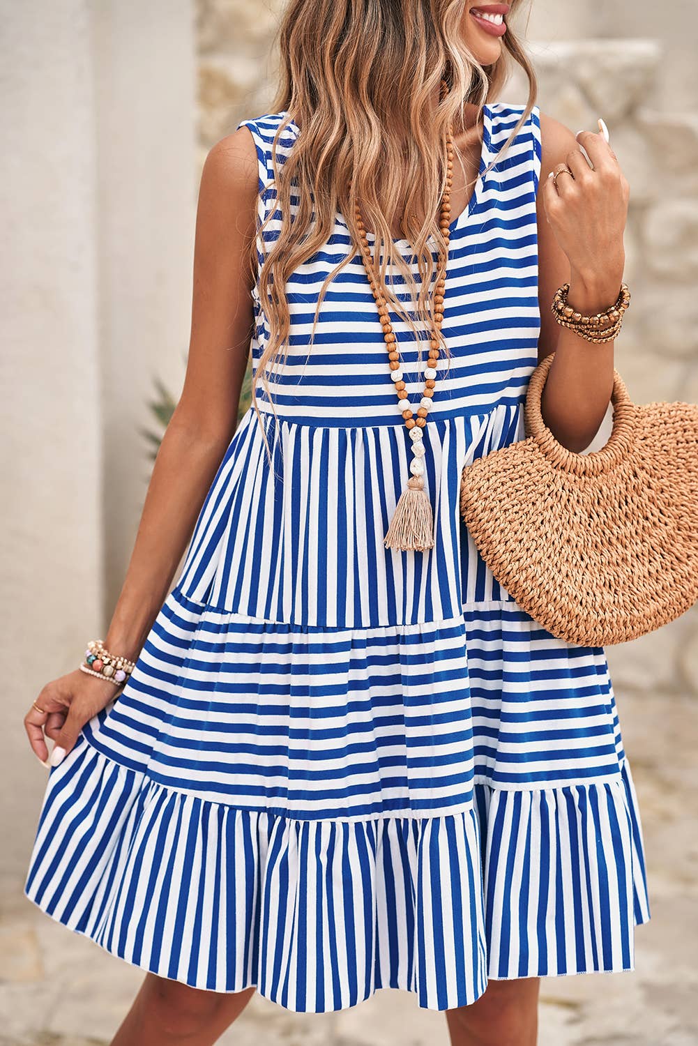 Stripe U Neck Sleeveless Loose Fit Mini Dress, Sky Blue