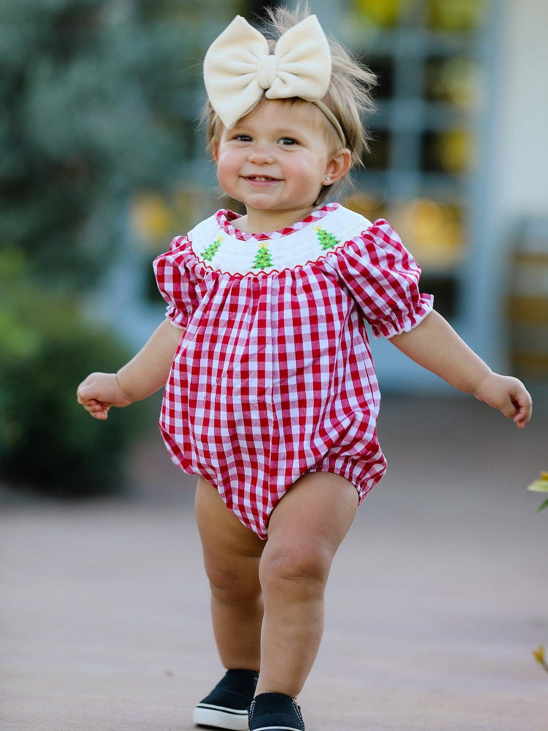 Christmas Tree Smocking Embroidered Romper