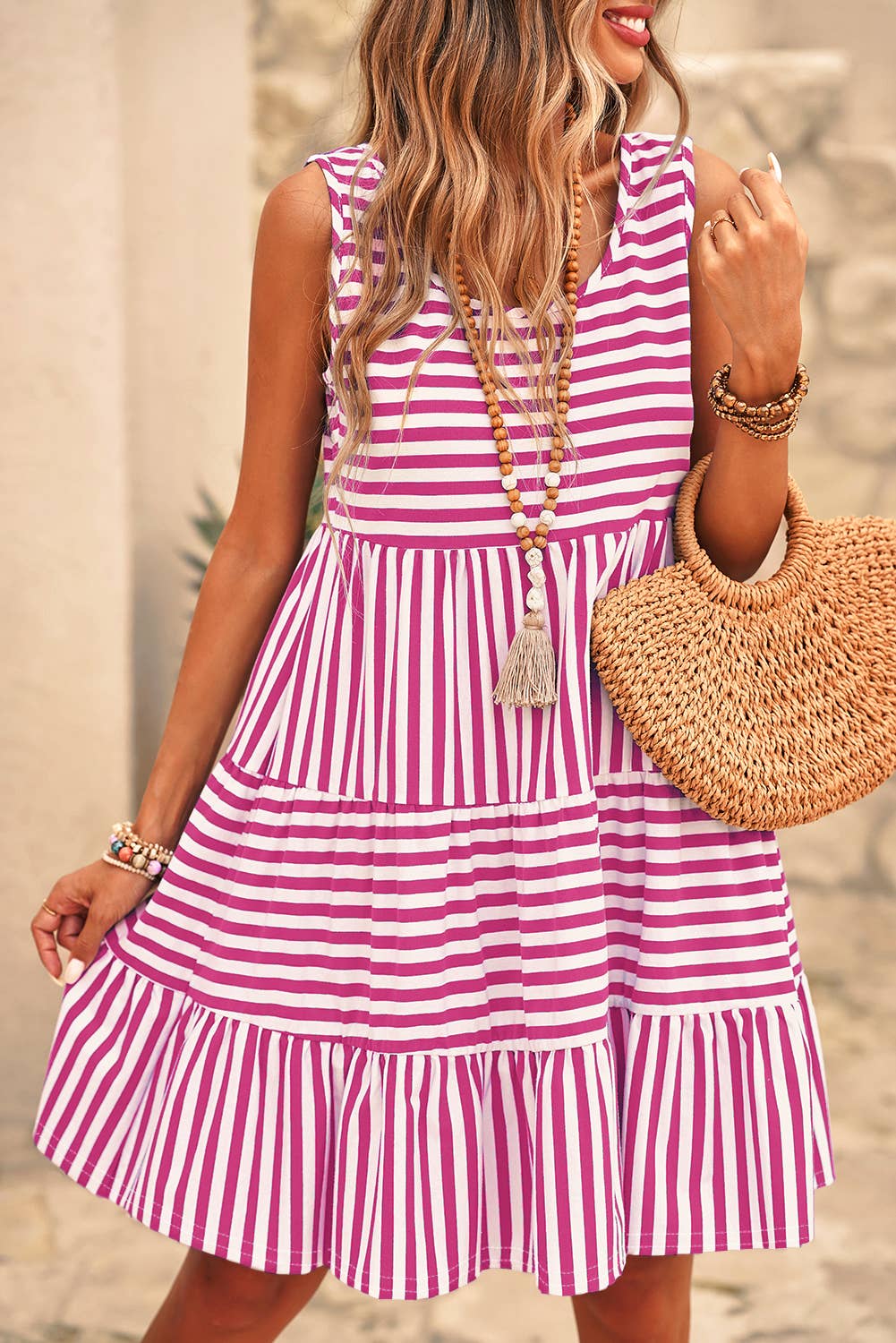 Stripe U Neck Sleeveless Loose Fit Mini Dress, Rose
