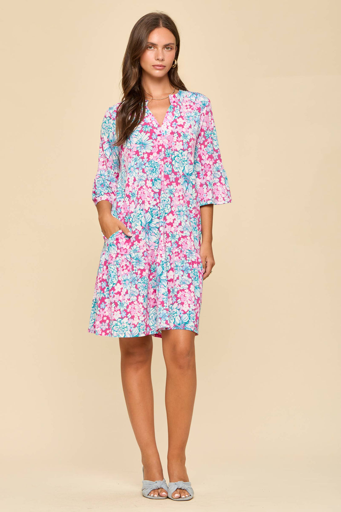 Floral Print Shirred Tiered 3/4 Sleeve Dress