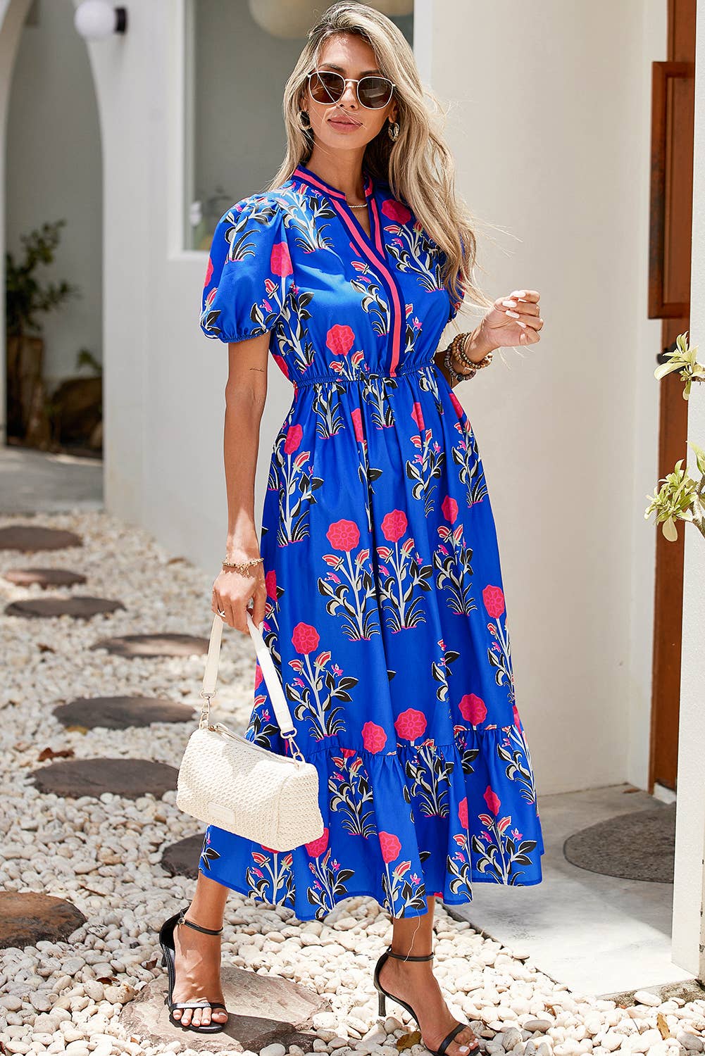 Floral Puff Short Sleeve V Neck High Waist Maxi Dress: Sky Blue