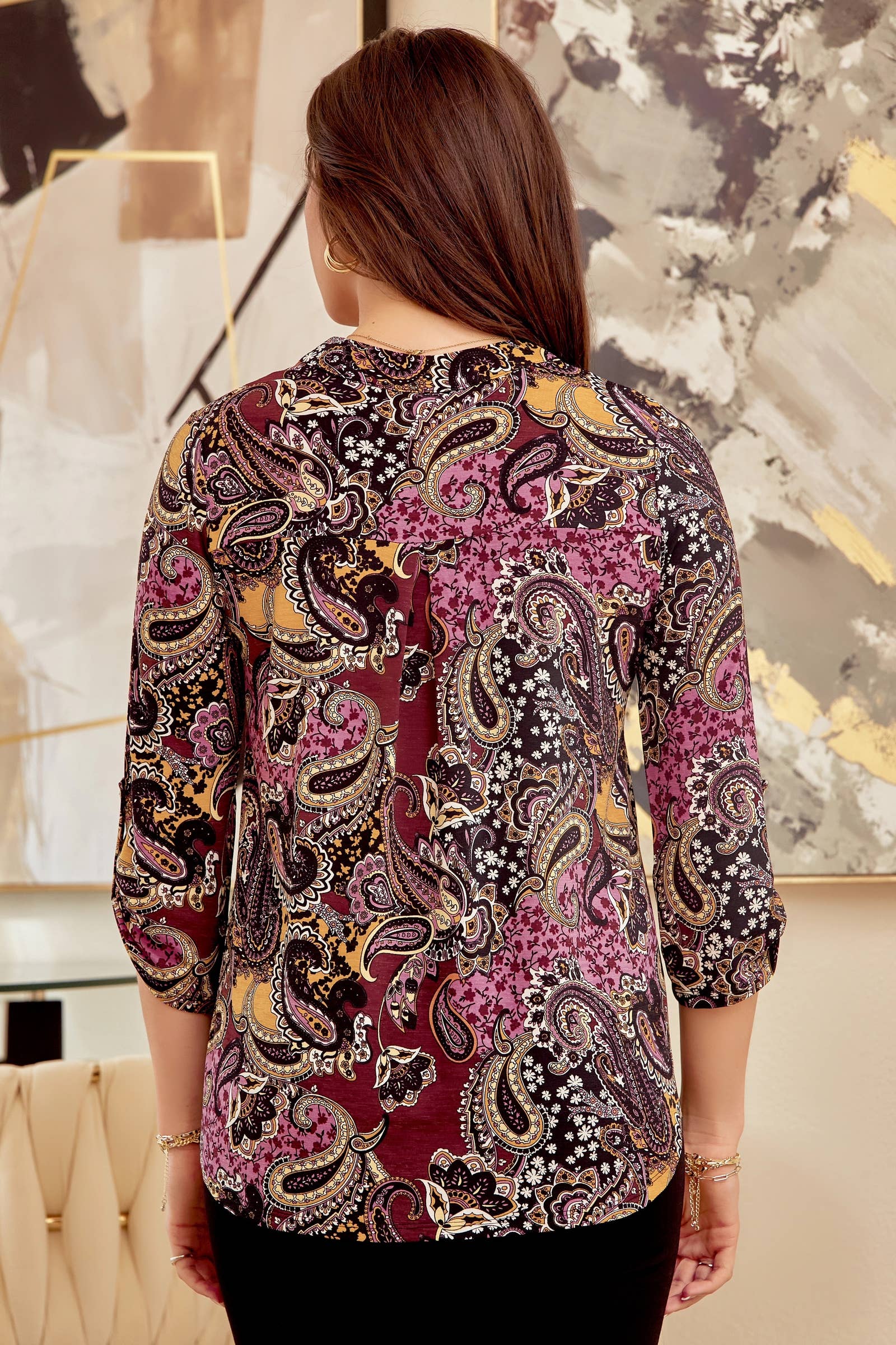 Fun Pattern 3/4 Sleeve LIZZY Top LIZZY-V0200: MAUVE MULTI