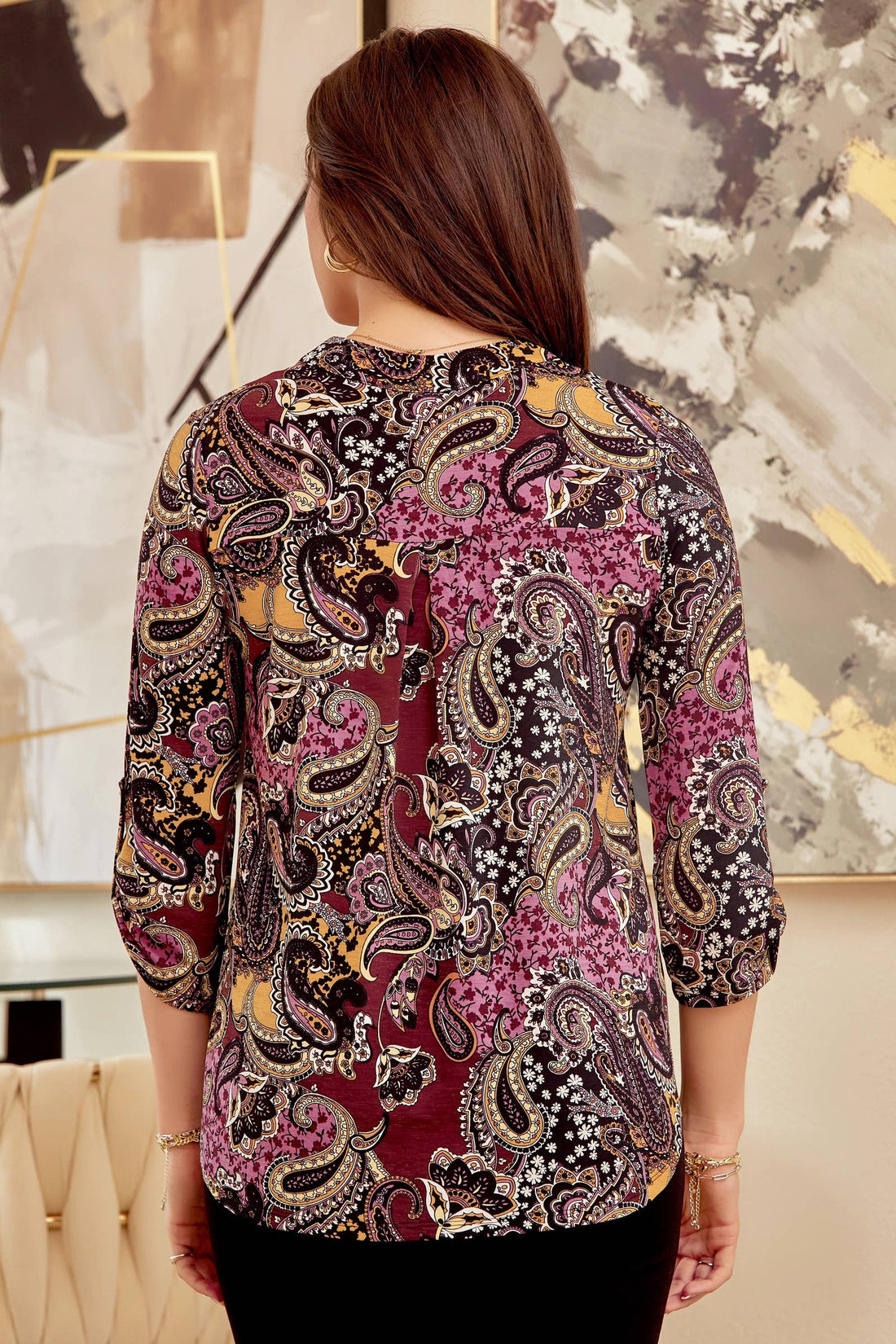 Fun Pattern 3/4 Sleeve LIZZY Top LIZZY-V0200: MAUVE MULTI