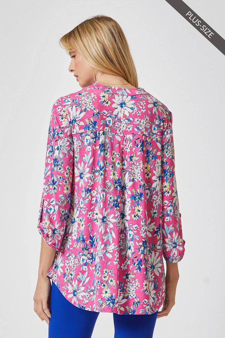3/4 Sleeve LIZZY MEDALLION Wrinkle Free Blouse: Magenta Multi