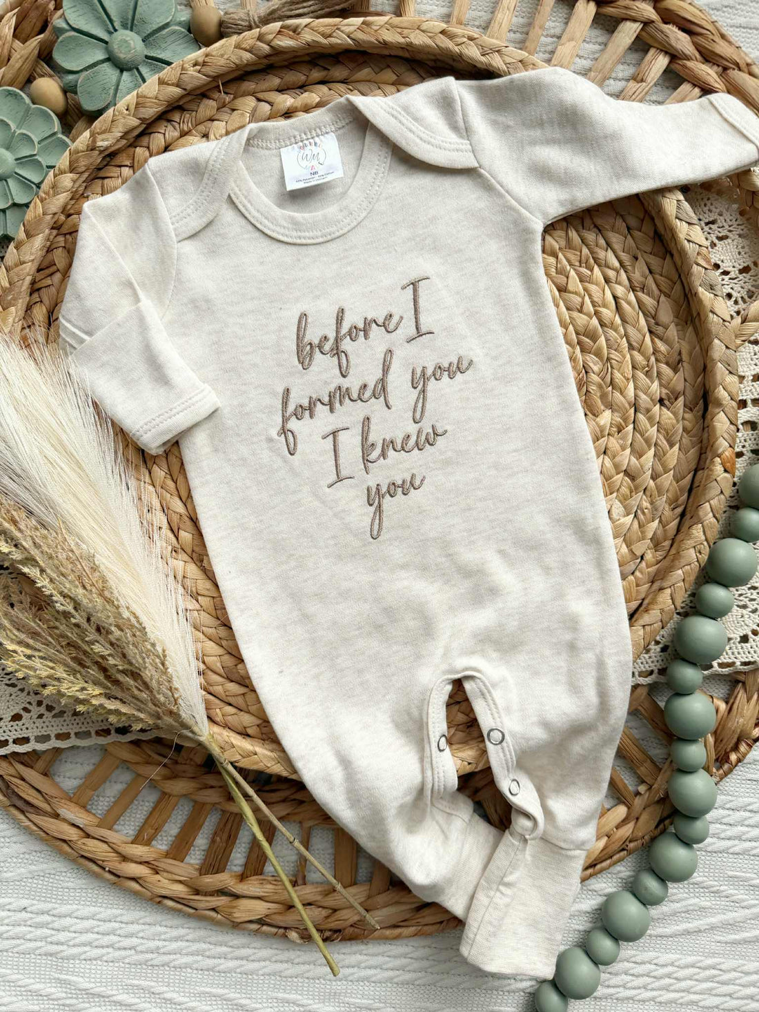 Baby Romper | Before I Formed You - Taupe/Oatmeal script: 0-3 months / Romper only