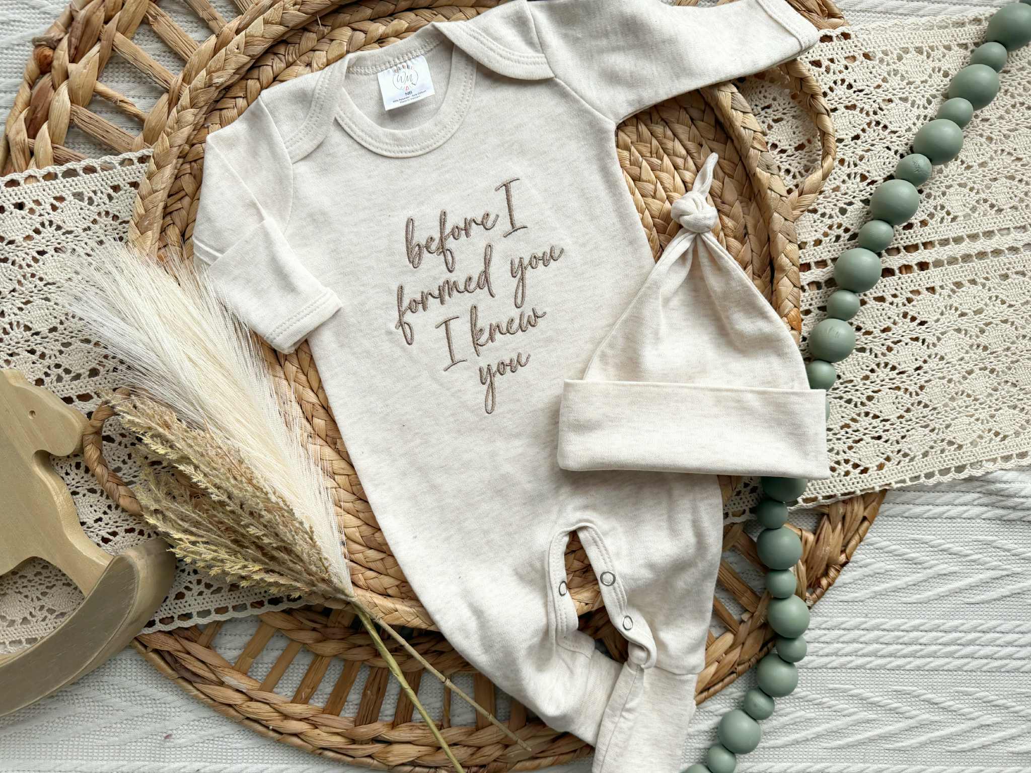 Baby Romper | Before I Formed You - Taupe/Oatmeal script: 0-3 months / Romper only