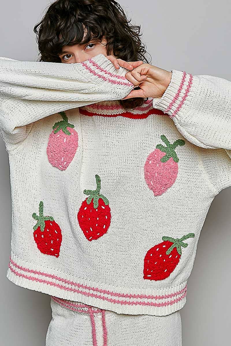 Strawberry Stripe Ribbed Knit Sweater