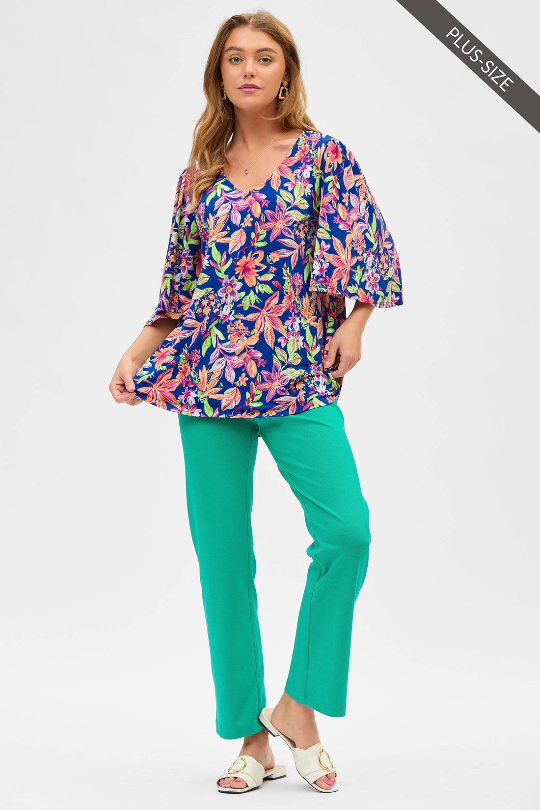 Floral Half Sleeve V Neck Top: ROYAL BLUE