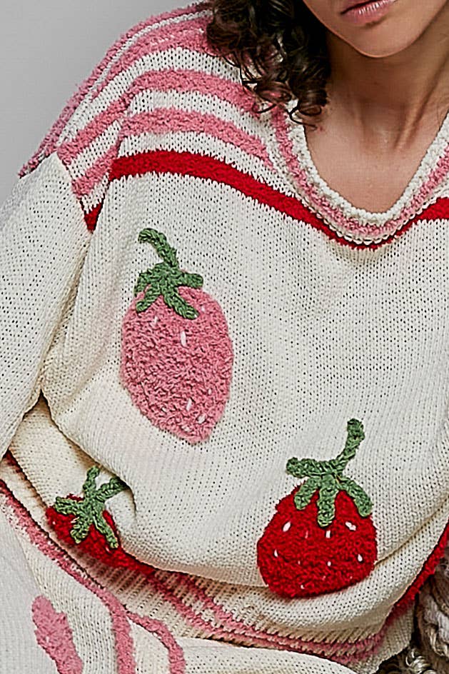 Strawberry Stripe Ribbed Knit Sweater
