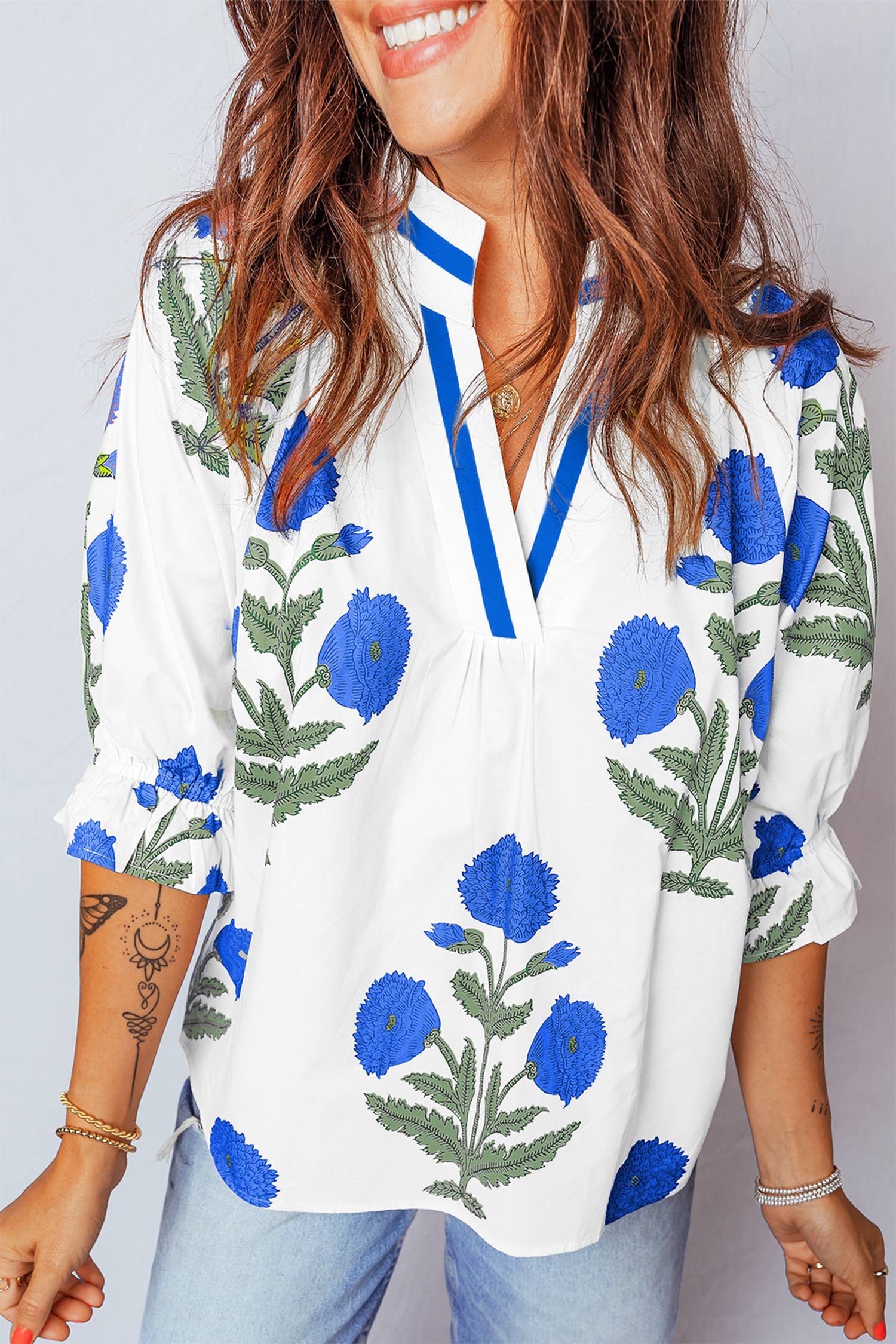 Spring Wild Flower Print V Neck 3/4 Sleeve Blouse, Sky Blue