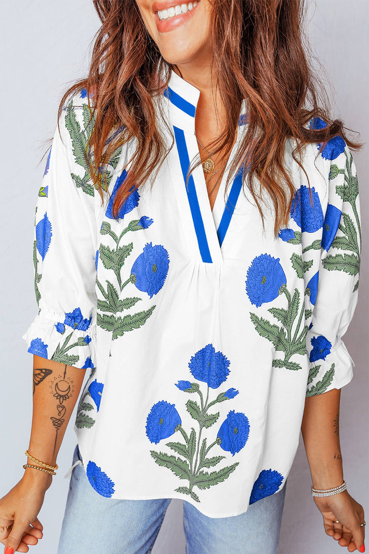 Spring Wild Flower Print V Neck 3/4 Sleeve Blouse, Sky Blue
