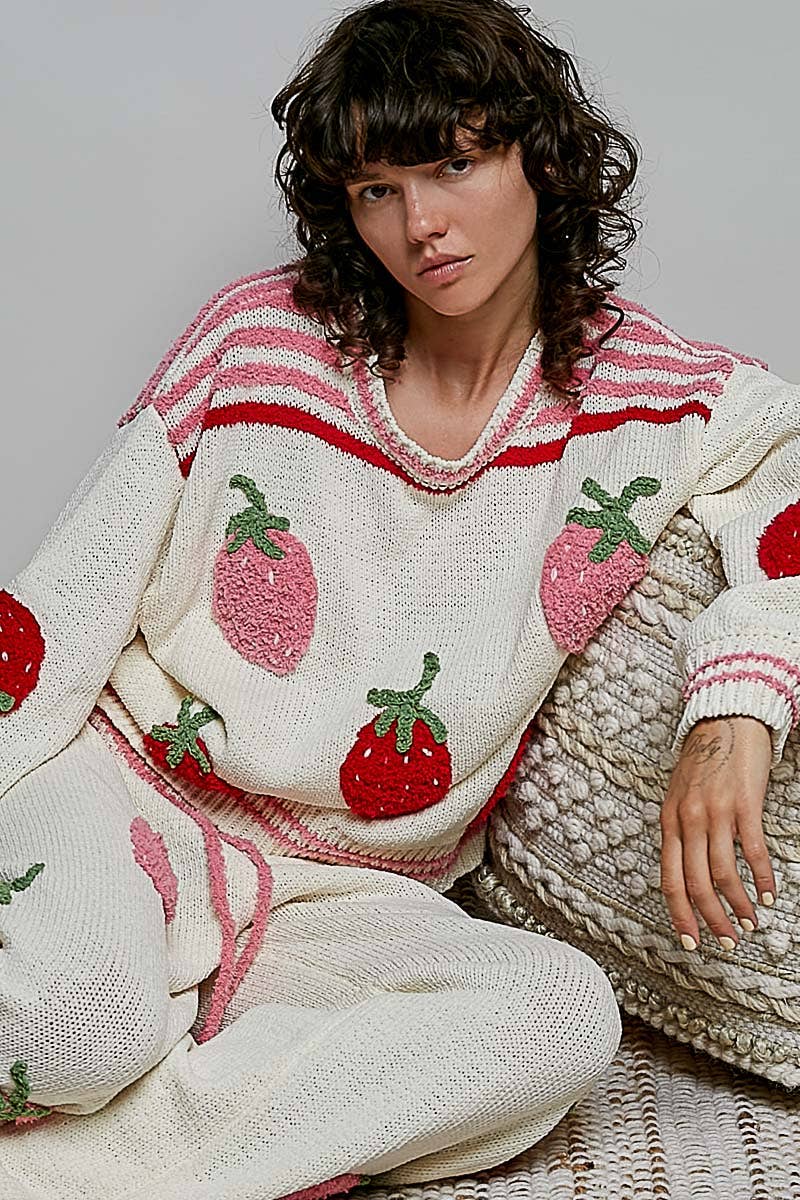 Strawberry Stripe Ribbed Knit Sweater