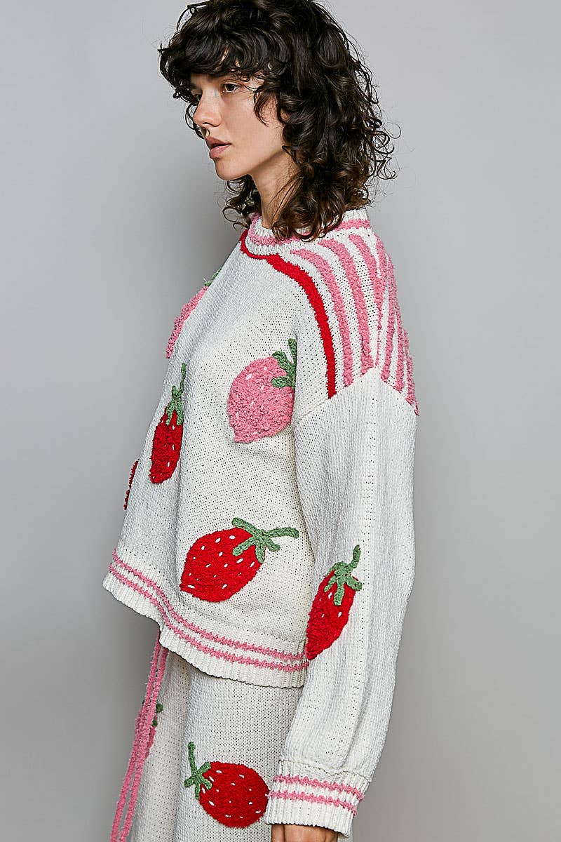 Strawberry Stripe Ribbed Knit Sweater