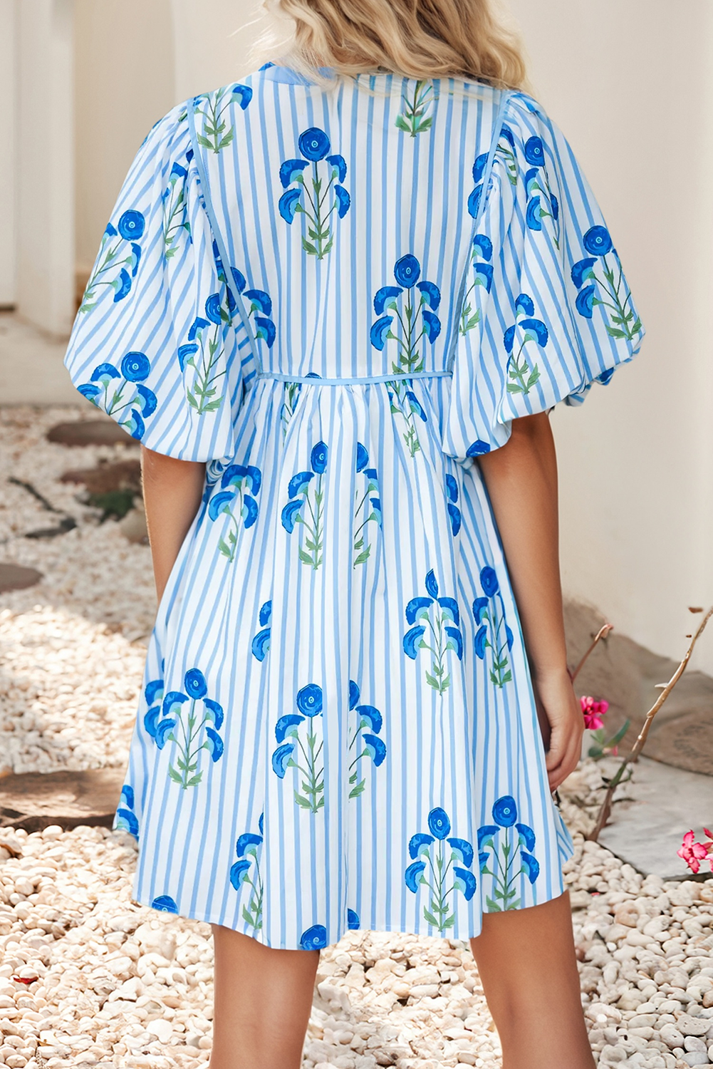 Floral Striped Puff Sleeve Flared Dress