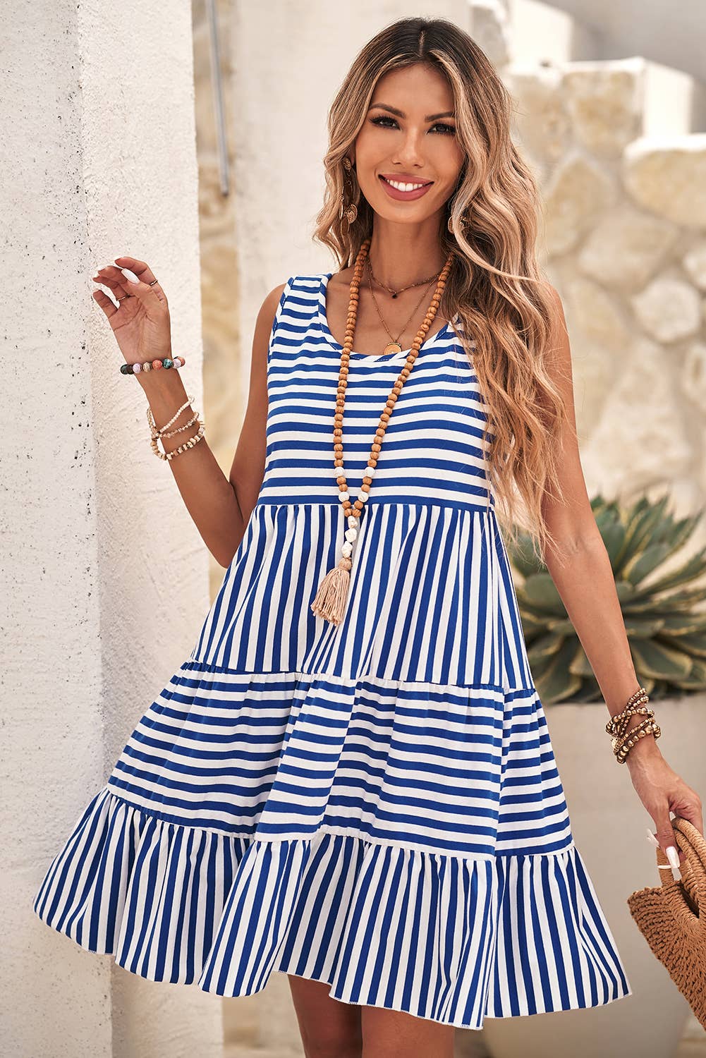 Stripe U Neck Sleeveless Loose Fit Mini Dress, Sky Blue