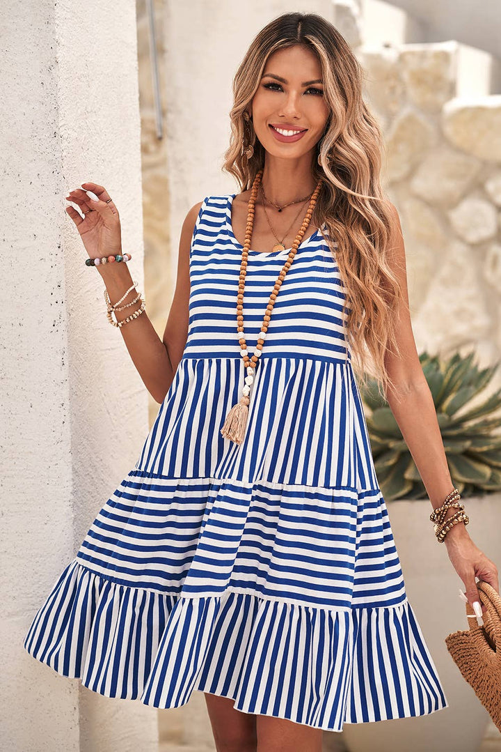 Stripe U Neck Sleeveless Loose Fit Mini Dress, Sky Blue
