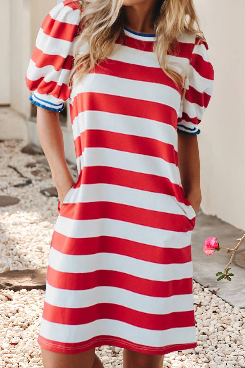 Stripe Contrast Round Neck Puff Sleeve Shift Dress, Red Stripe