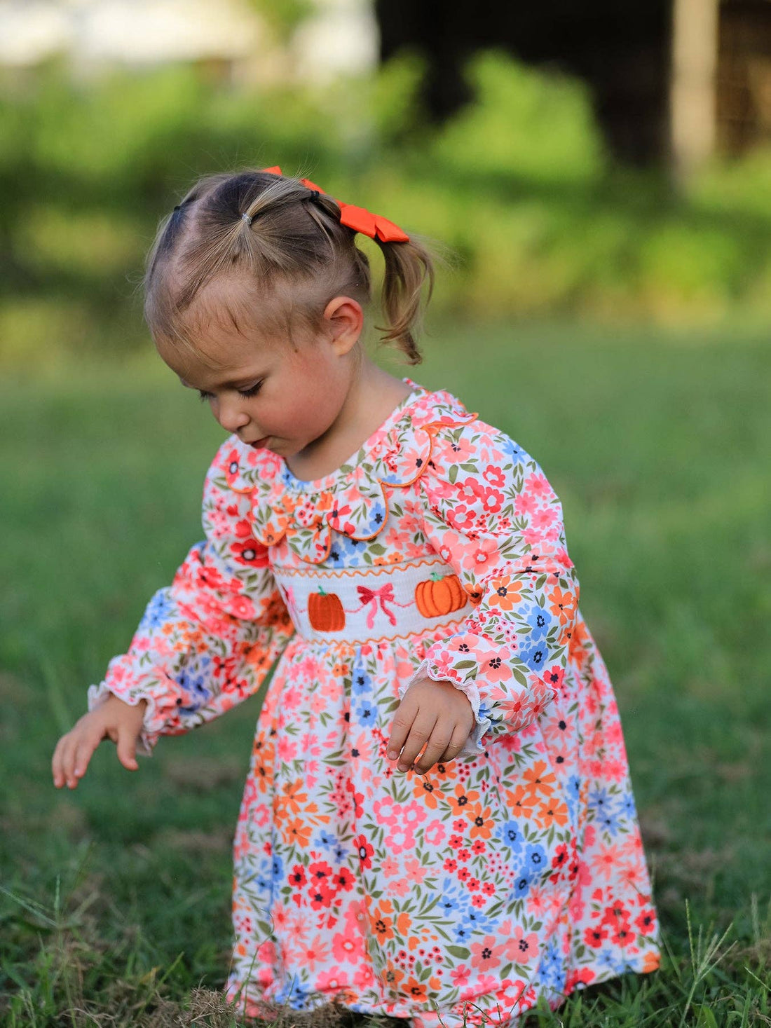 Pumpkin Bow Smocked Floral Dress