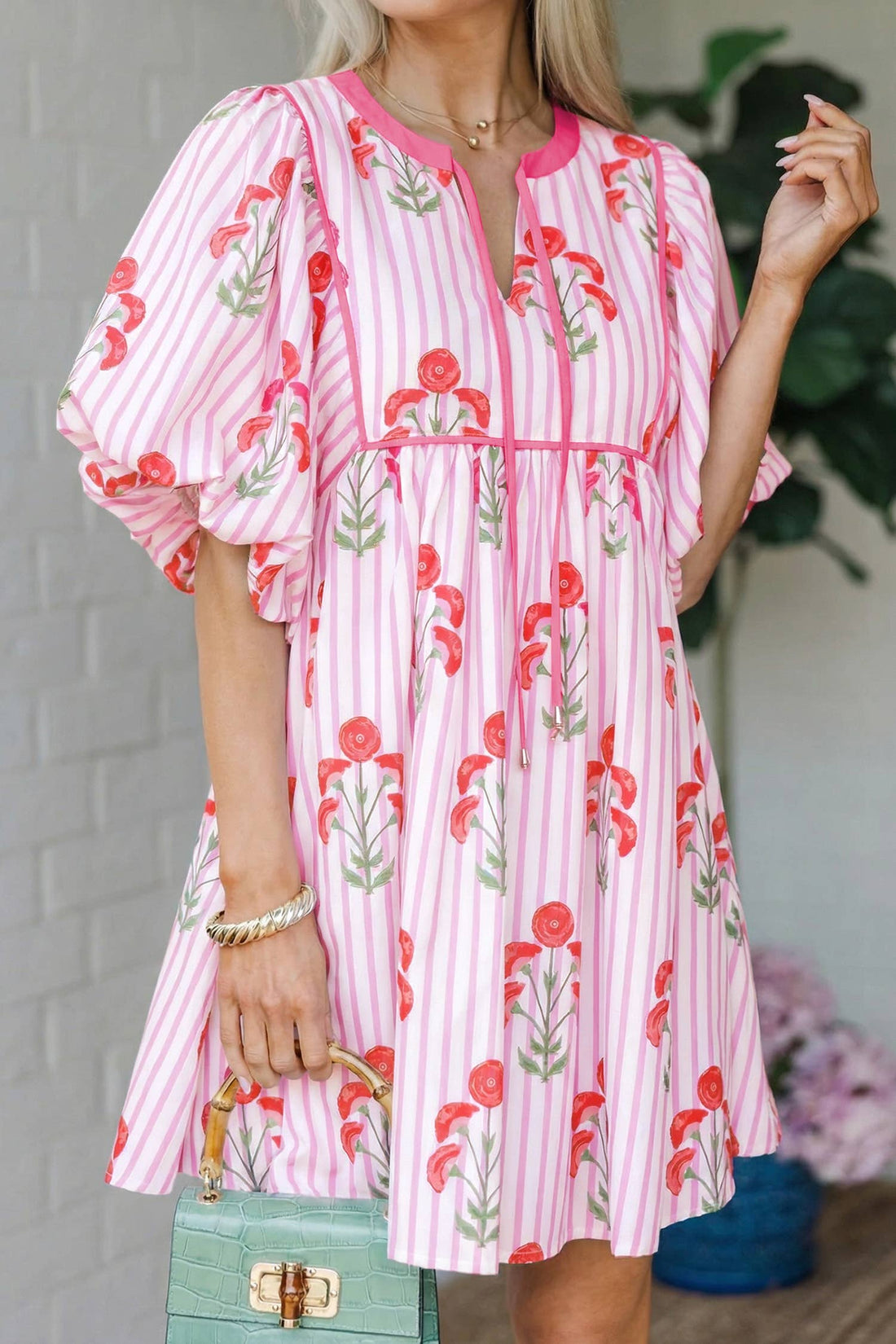 Floral Striped Tie Puff Sleeve Flared Dress| Pink