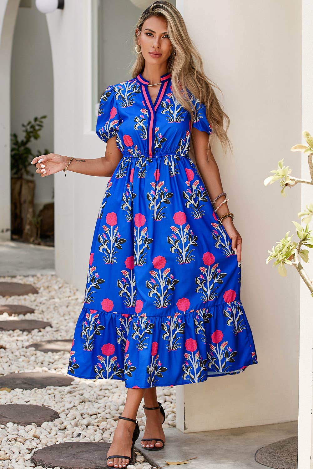 Floral Puff Short Sleeve V Neck High Waist Maxi Dress: Sky Blue
