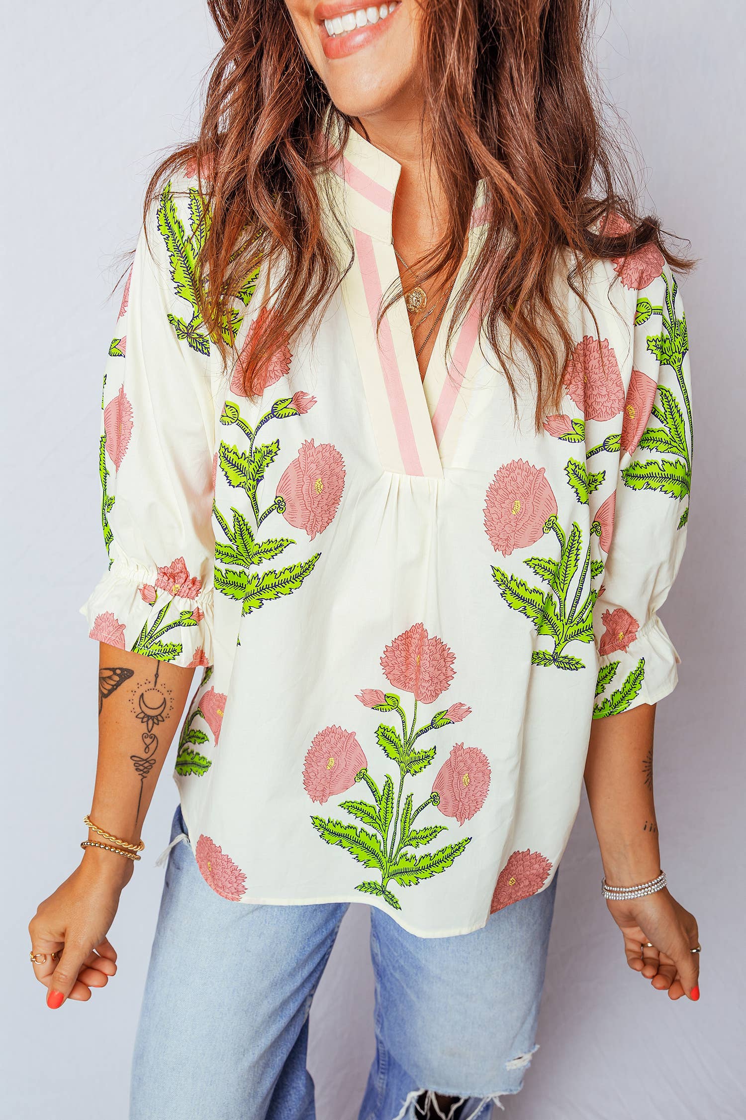 Spring Wild Flower Print V Neck 3/4 Sleeve Blouse, Pink