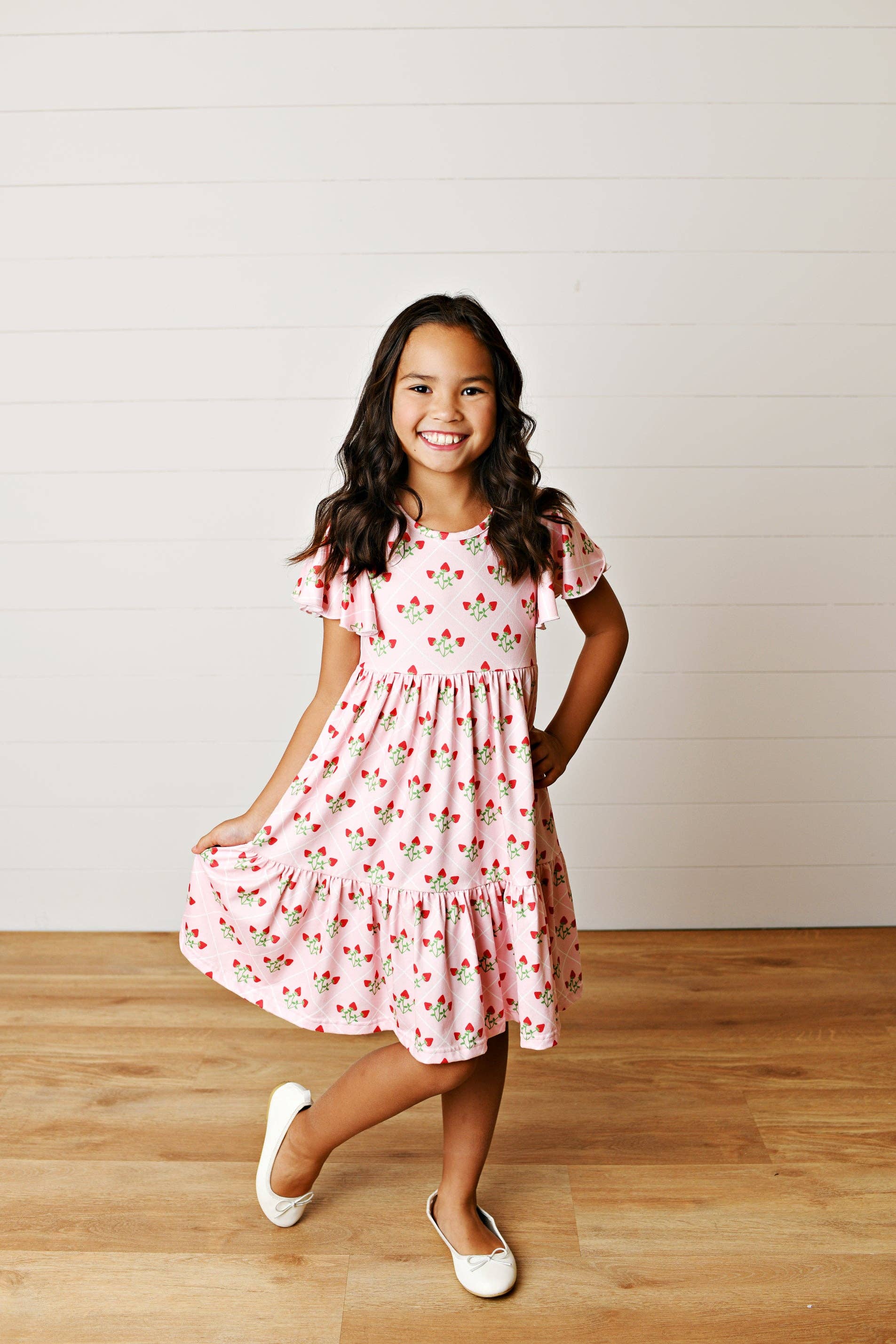 Kids Emmy Pink Strawberry Flutter Sleeve Twirl Spring Dress