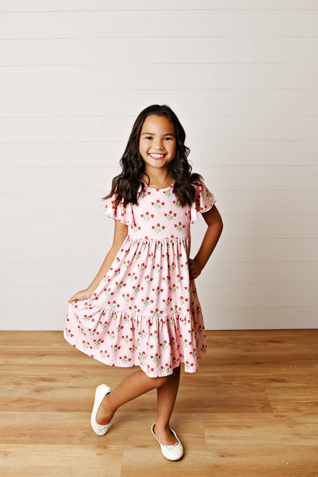 Kids Emmy Pink Strawberry Flutter Sleeve Twirl Spring Dress