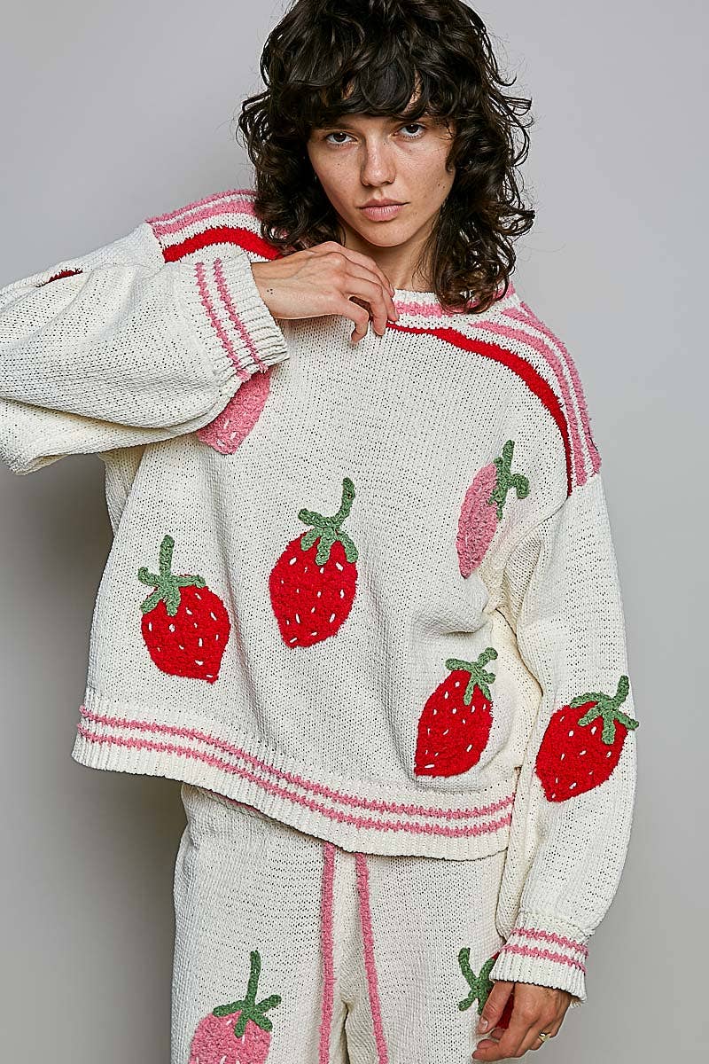 Strawberry Stripe Ribbed Knit Sweater