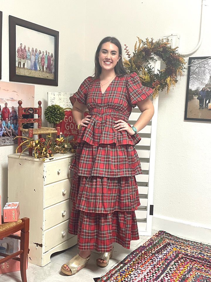 Entro Red Plaid Ruffled Maxi Dress