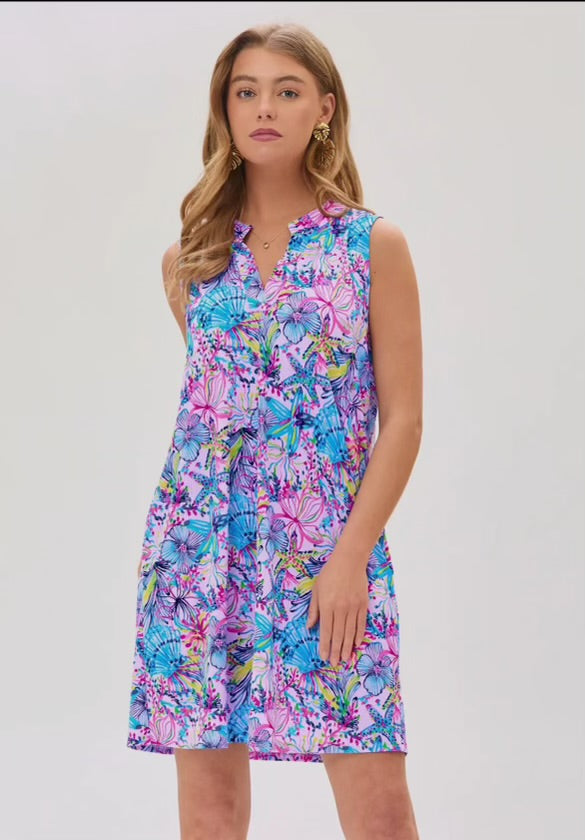 Dear Scarlet Sleeveless Pink Blue Flower Wrinkle-Free Dress